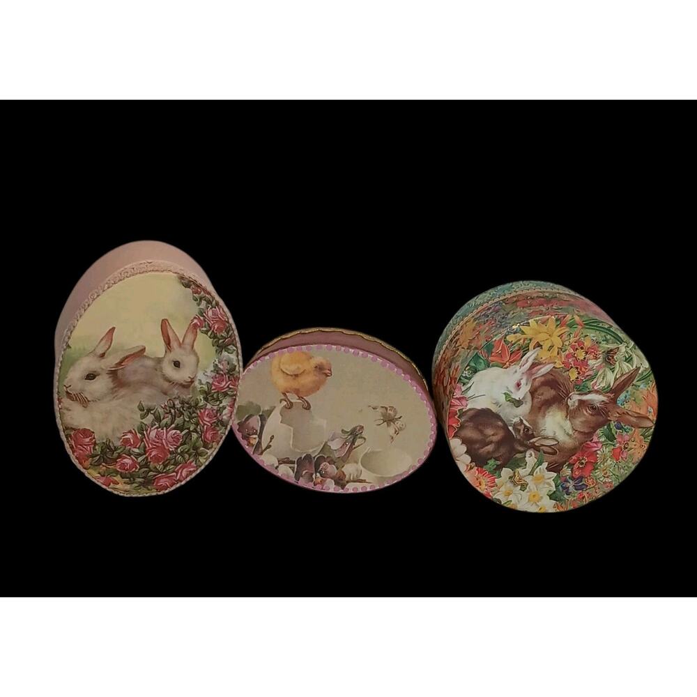 Easter Bunny Rabbit Chicks Oval Boxes Home Decor Gift Victorian Lace Set of 3